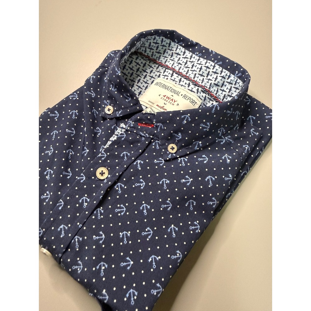 International Report Mens Anchor Print 4-Way Stretch Performance Shirt Navy M